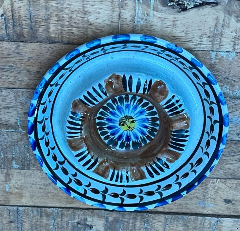 Tonala Mexican Pottery Folk Art Cat Round Ashtray 7.5" Blue & Brown Hand-Painted